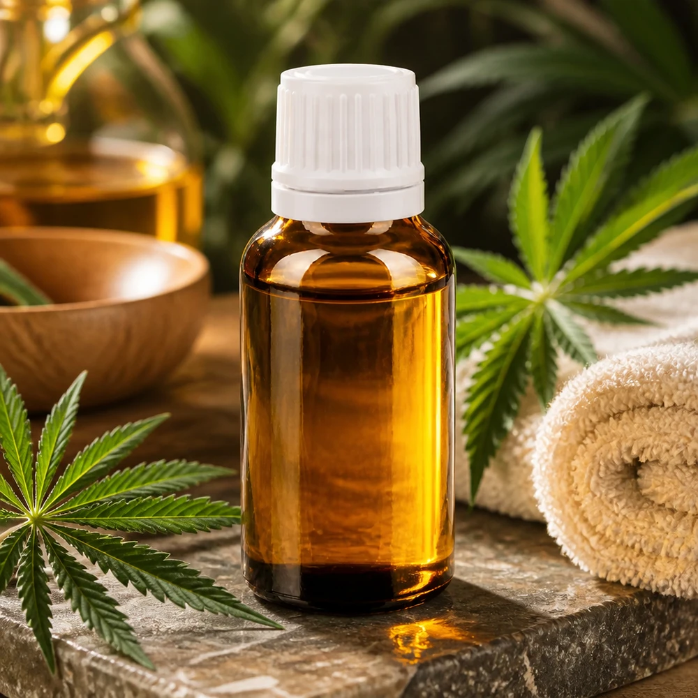 Apoteksflaske brun 20ml dryp v. 1,2 mm hvid OV 20 ml CBD-olieflaske af brunt glas med hvid børnesikret låg og cannabisblade