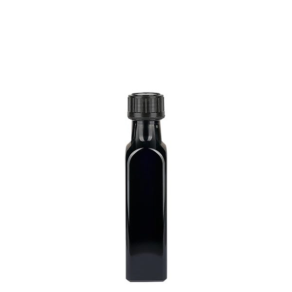 Firkantet violet glasflaske 250 ml (olieflaske), UNI 10155 31,5x 24, inkl. sort skruelåg 103574 Firkantet violet glasflaske 250 ml (olieflaske), UNI 10155 31,5x 24, inkl. sort skruelåg 103574
