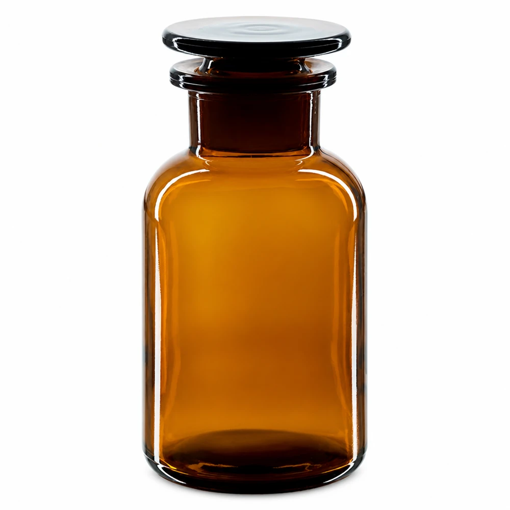 Rund skulderflaske 250 ml brun glasprop med bred hals Brun flaske med runde skuldre, 250 ml, med glasprop og bred hals til laboratorier og apoteker