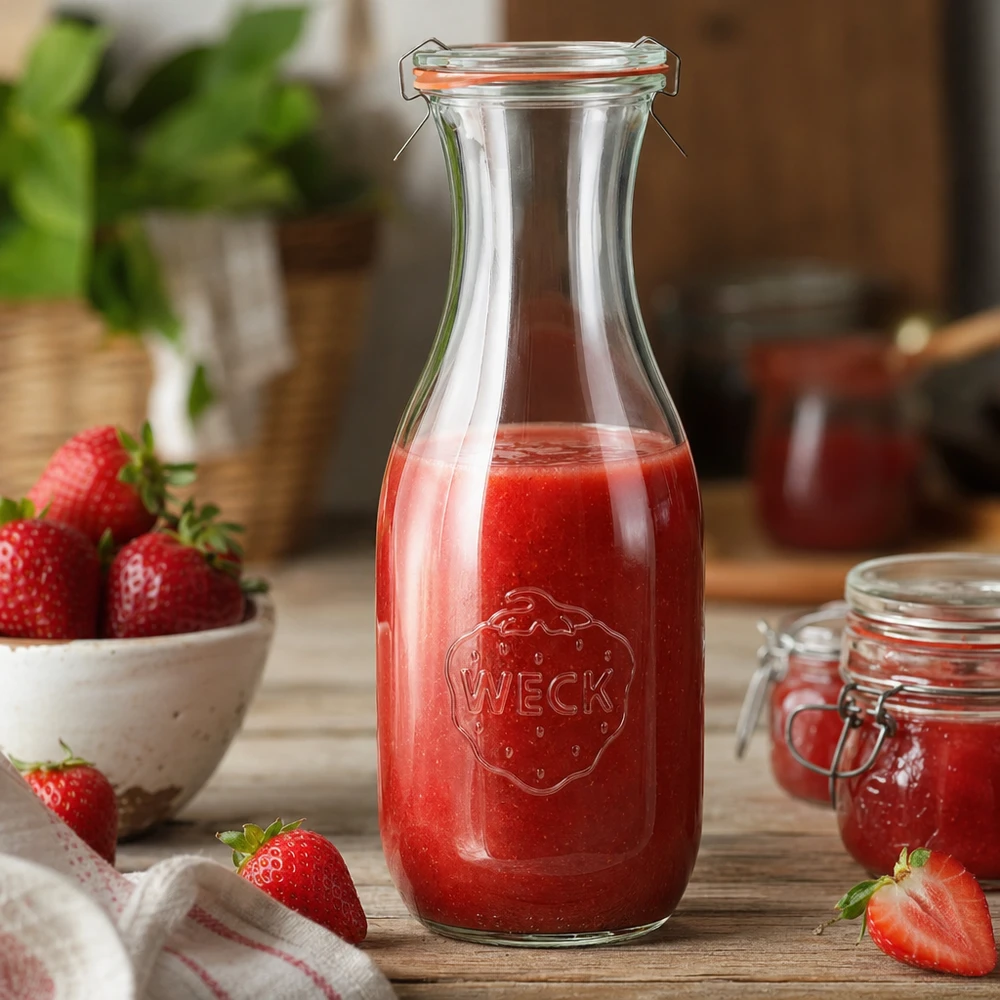 1062 ml saftflaske, komplet WECK RR60 WECK juiceflaske 1062ml RR60 fyldt med rød jordbærsaft arrangeret dekorativt i køkkenet med friske jordbær