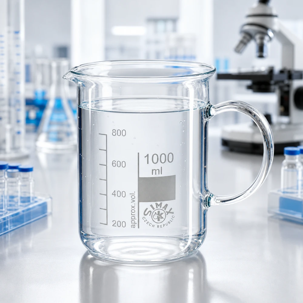 Bæger 1000 ml borosilikatglas, med håndtag Gennemsigtigt bægerglas på 1000 ml med glashåndtag, fyldt med vand, på en hvid laboratorieplade