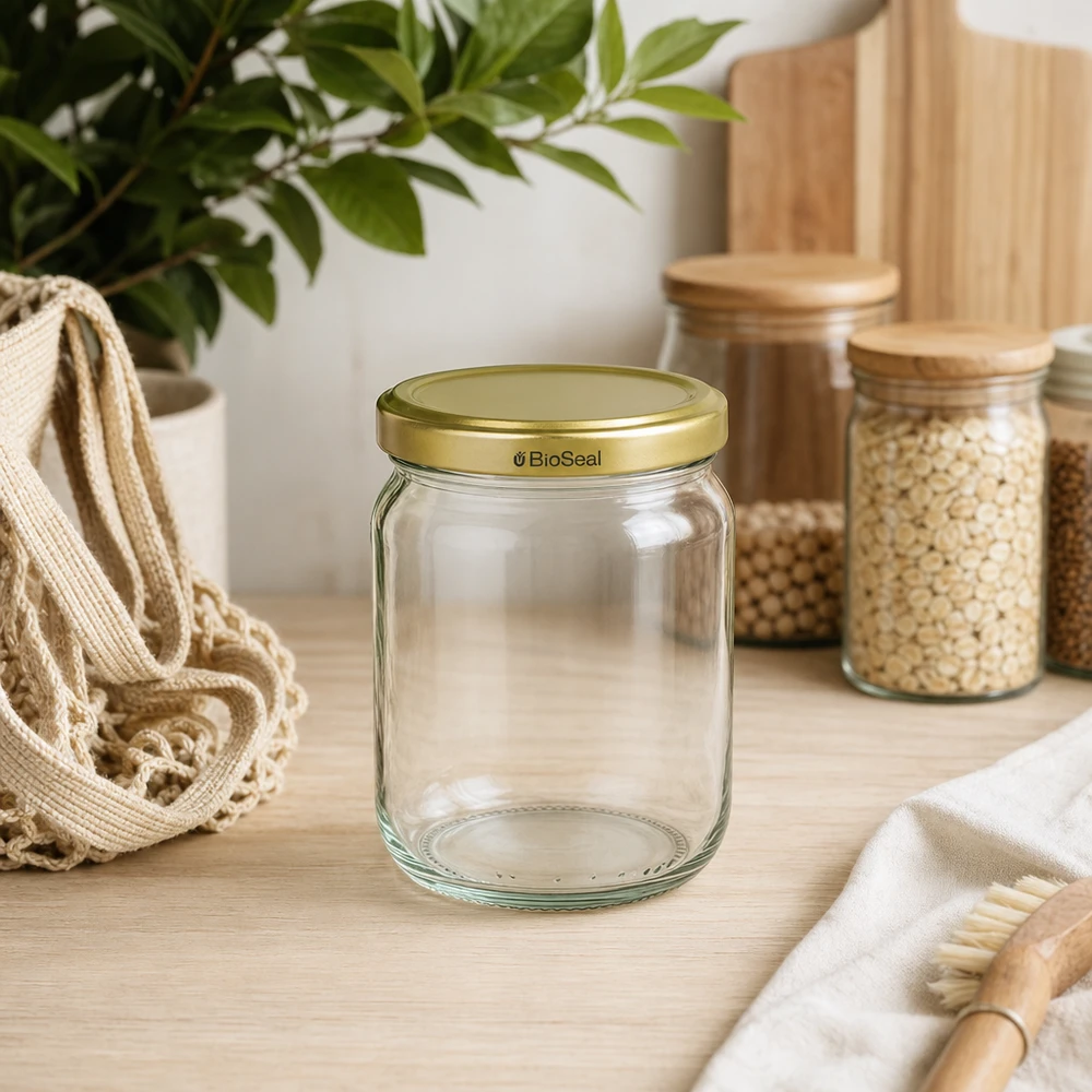 500 g honningglas med gyldent låg BioSeal UNiTWIST 500 g BioSeal-honningkrukke tom i bæredygtigt køkken med opbevaringskrukker og naturmaterialer på træbordplade