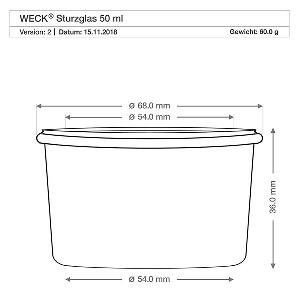 Sæt med 48 Weck 50 ml Briller med 48 glaslåg WECK 50 ml glas RR60 teknisk tegning med mål - diameter 68 mm, højde 36 mm til konserveringsglas