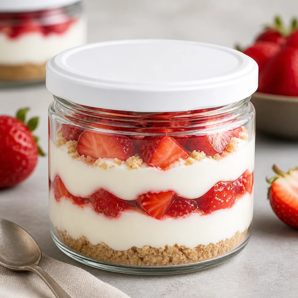 540 ml rund krukke med BasicSeal-låg hvid UNiTWIST 540 ml BasicSeal hvidt rundt glas som dessertglas med jordbærtiramisu - stilfuldt portionsglas til desserter