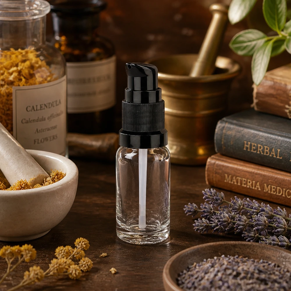 10 ml pumpeflaske sort STD ClearLine UT18/10 Gennemsigtig 10 ml pumpeflaske med sort pumpehoved omgivet af urter og lægeplanter