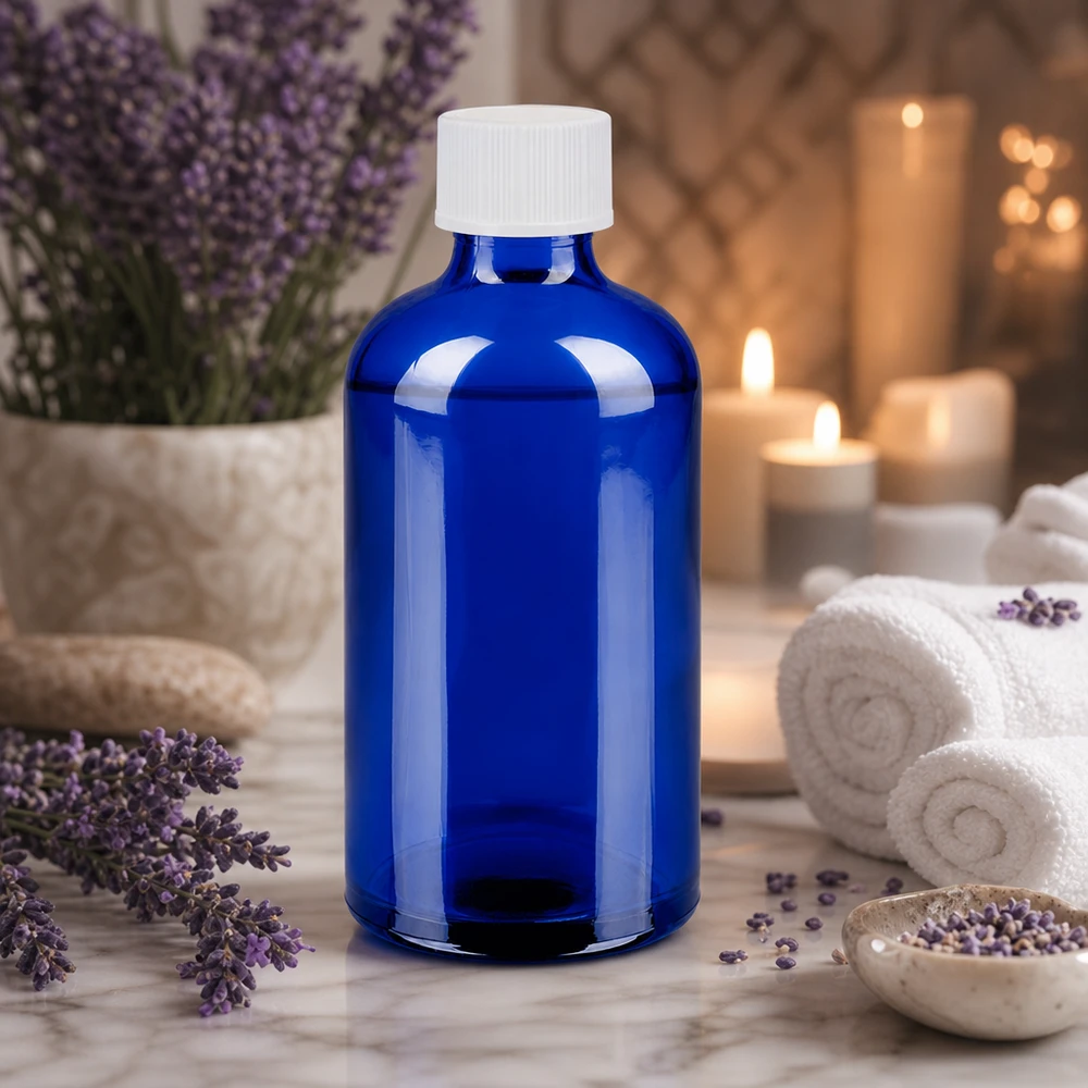 100 ml flaske 11 mm SV hvid STD BlueLine UT18/100 Elegant blå glasflaske 100 ml med hvid hætte til aromaterapi og wellness.