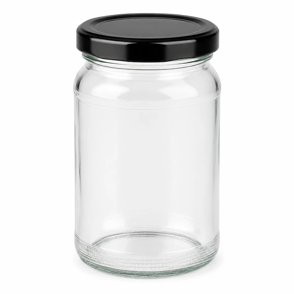 UNiTWIST Runda110 med sort. TO48 BasicSeal-låg Tomt rundt glas UNiTWIST 110 ml med sort TO48 BasicSeal-låg til konserves og marmelade
