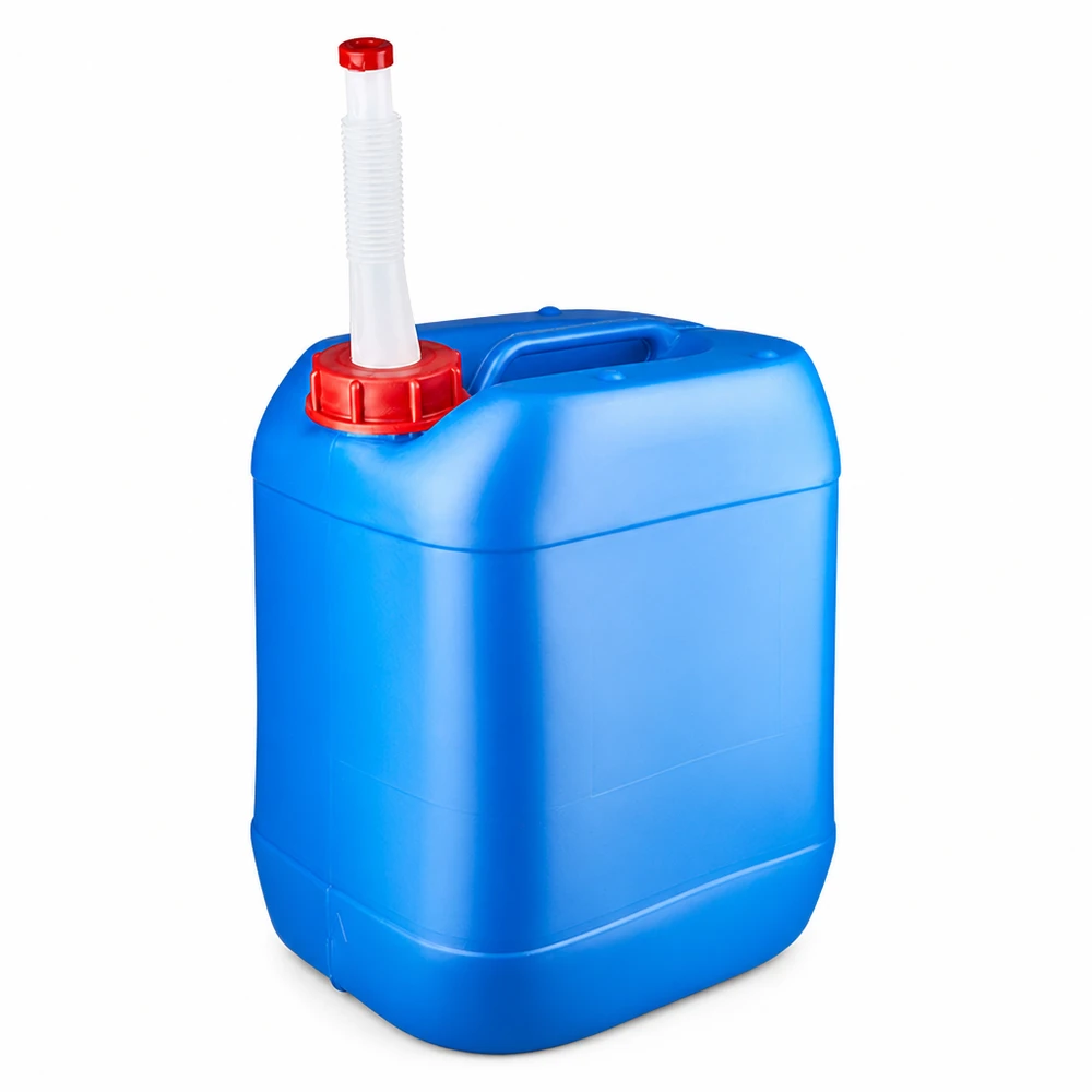 20 liters blå dunk med fleksibelt udløbsrør Blå plastdunk på 20 liter med rød skruelåg og fleksibelt udløbsrør