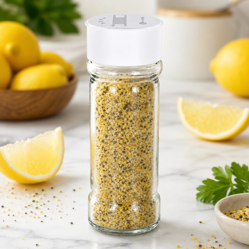 Krydderiglas på 100 ml med hvidt dobbeltstøvle, fyldt med citronpeber ved siden af friske citroner