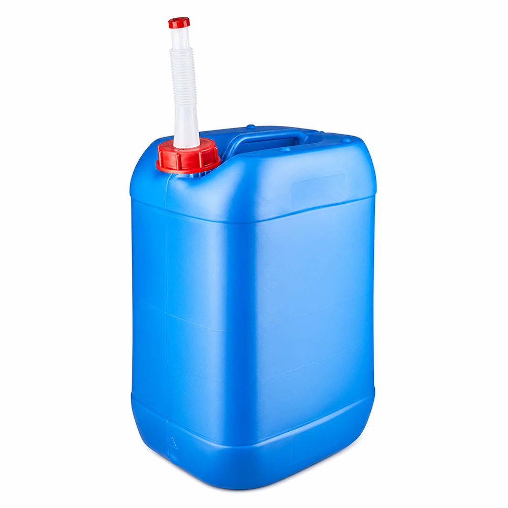 Blå plastdunk på 25 liter med rødt skruelåg og fleksibelt hvidt udløbsrør