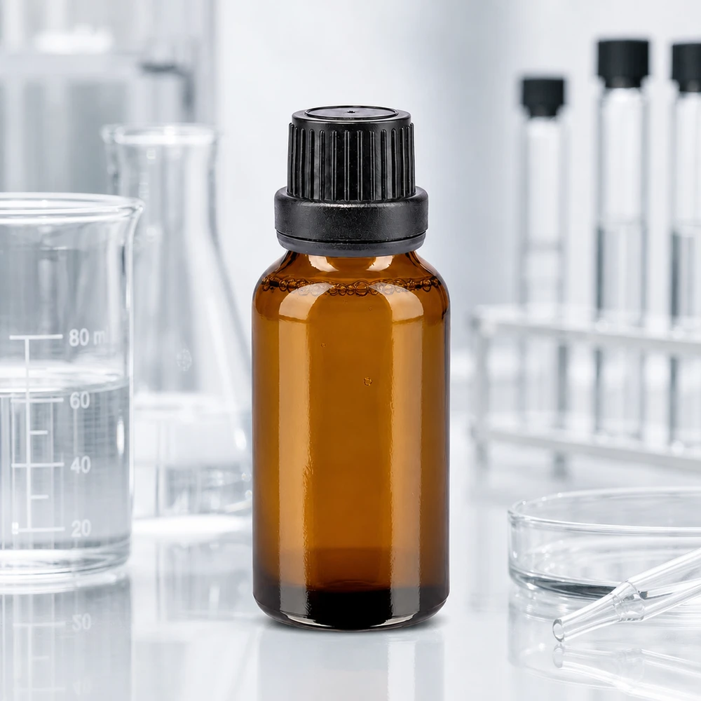 Apoteksflaske brun 20 ml skruelåg sort tæt OV 20 ml apotekerflaske af brunt glas med sort dråbepropp på 11 mm til laboratorie- og farmaceutisk brug