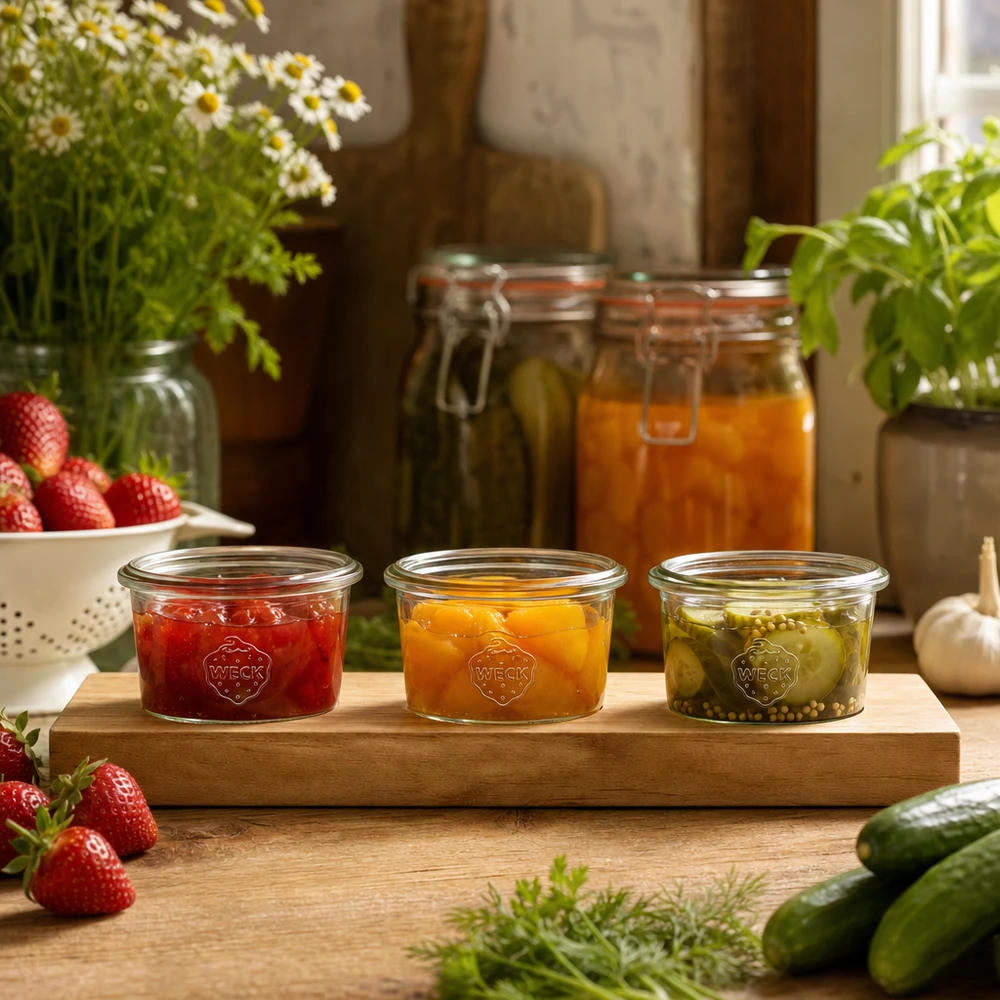 Serveringsbræt Plano3 med 3 Weck-glas med skruelåg, 80 ml Weck-bægre 80 ml med farverige syltetøjer og pickles på serveringsbræt af træ i rustikt køkken
