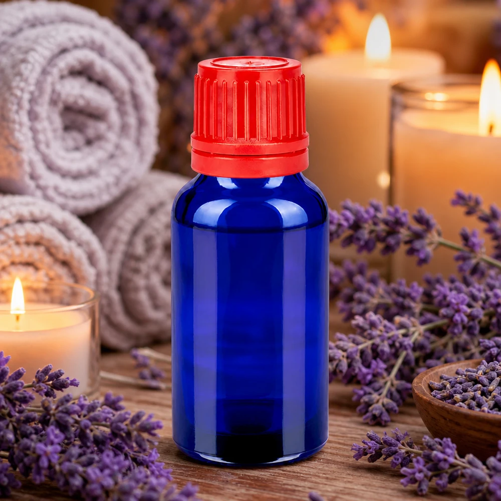 20 ml glasflaske i blå med rød hætte til aromaterapi og wellness