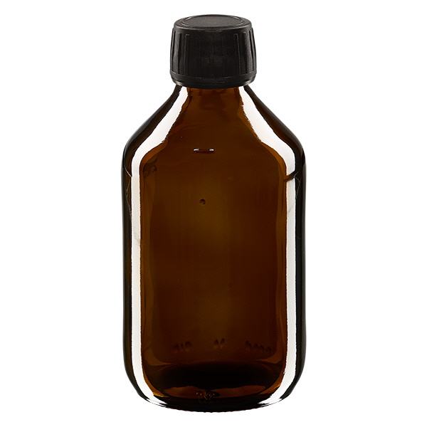 250 ml medicinflaske brun, sort hætte med manipulationssikker ring ApoGlas. Farmaceutisk kvalitet fra EU-produktion. 28 mm (PP28) gevind. (sirup, lys glasflaske)