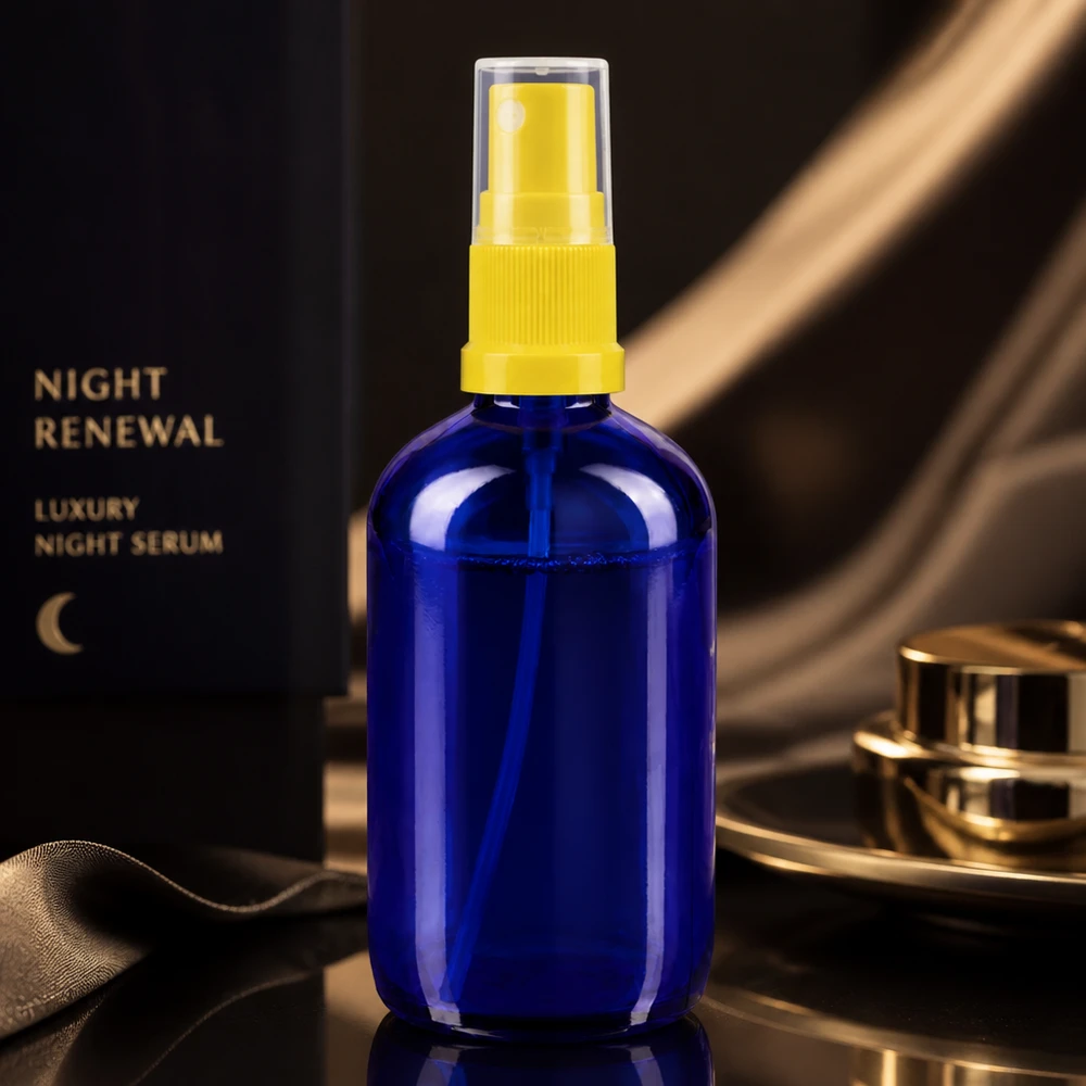 Apotekerflaske blå 100 ml spraytilbehør gul Blå 100 ml apotekerglas-sprayflaske med gul pumpedyser til serum og kosmetik