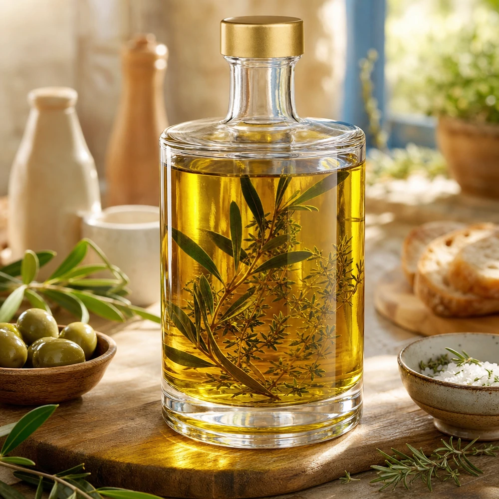 500 ml glasflaske »Sam« + skruelåg guld UNiTWIST® 500ml Glasflasche Sam mit Olivenöl und Kräutern befüllt goldener UNiTWIST Verschluss mediterrane Küche Oliven Salz