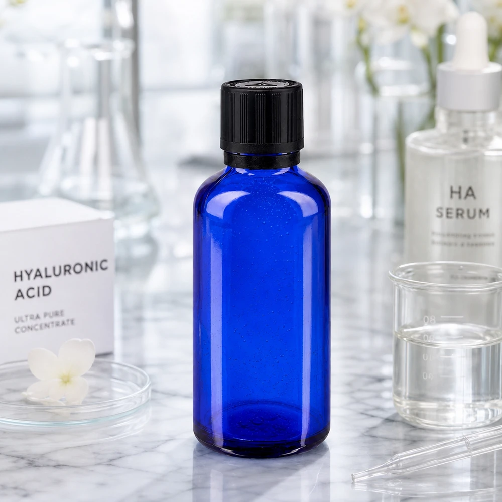 Apotfl. blå 50ml dryp v. Pr. 1mm s. KiSi Bliw OV Blå 40 ml apotekerflaske med dråbeindsats ved siden af hyaluronsyreprodukter i et laboratoriemiljø