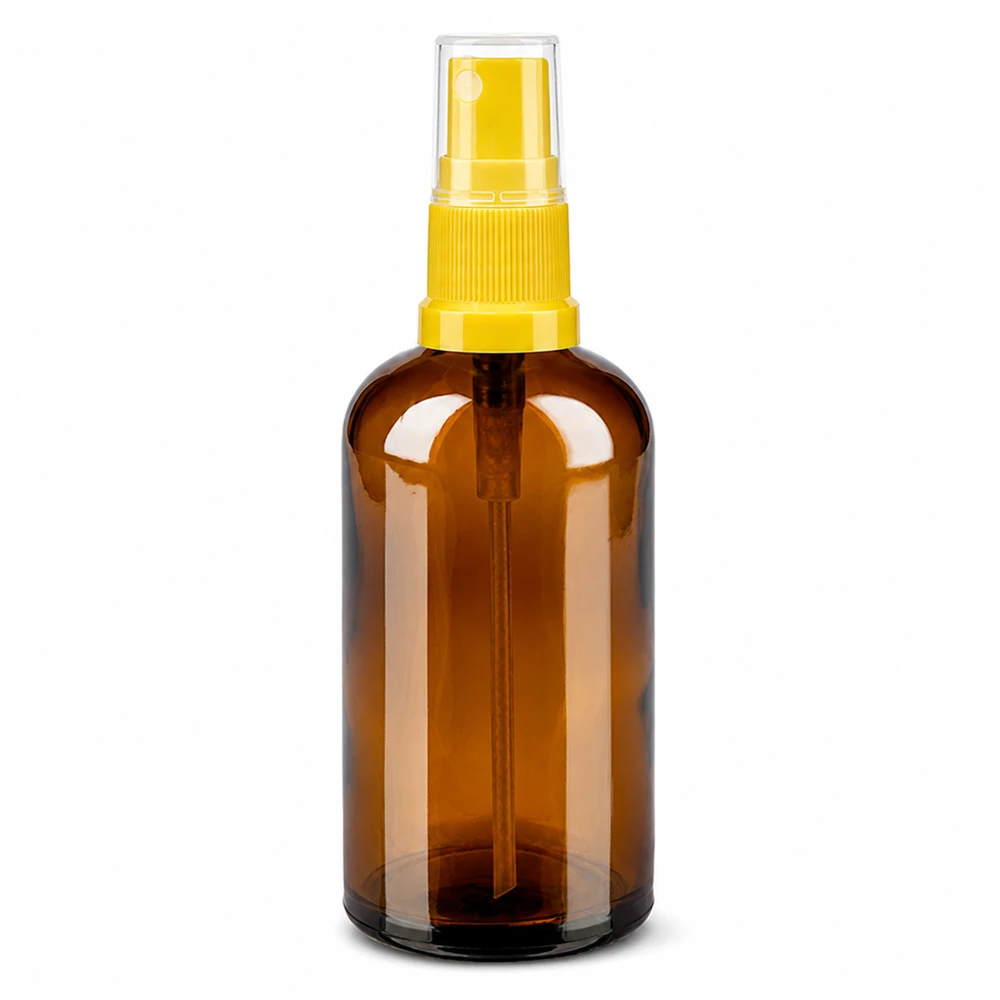 100 ml sprayflaske gul/tr. STD BrownLine UT18/100 100 ml sprayflaske brun transparent med gult sprayhoved til kosmetik og plejeprodukter