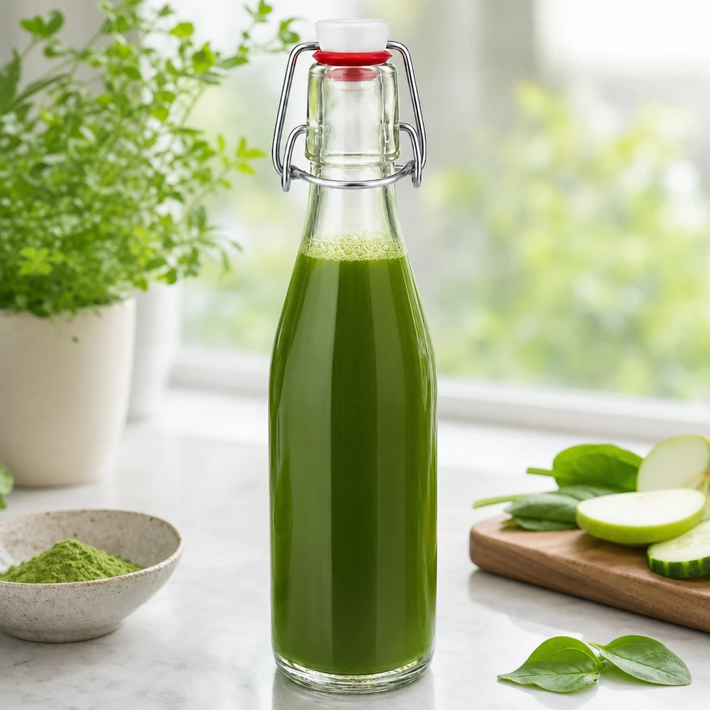 250 ml glasflaske og hængelåg i porcelæn UNiTWIST 250ml Glasflasche mit Bügelverschluss gefüllt mit grünem Smoothie, dekoriert mit frischen Kräutern und Gemüse