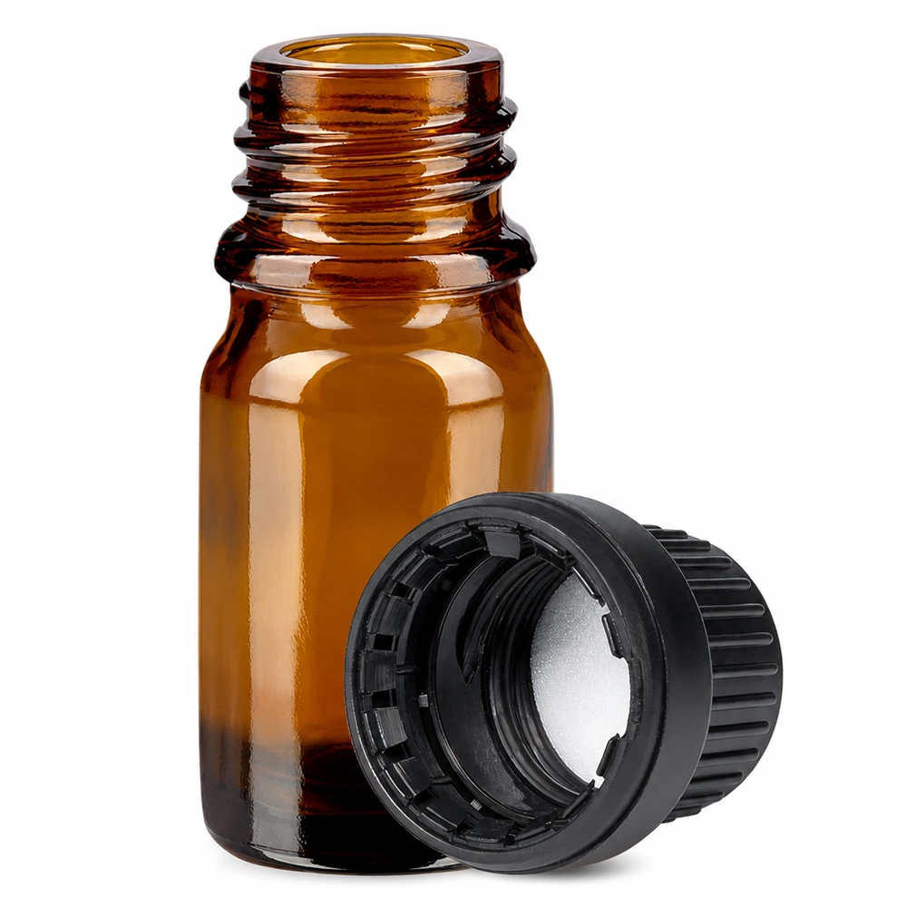 5ml flaske 11mm SV sort OV BrownLine UT18/5 Lille 5 ml apoteksflaske af ravfarvet glas med børnesikret hætte til medicin
