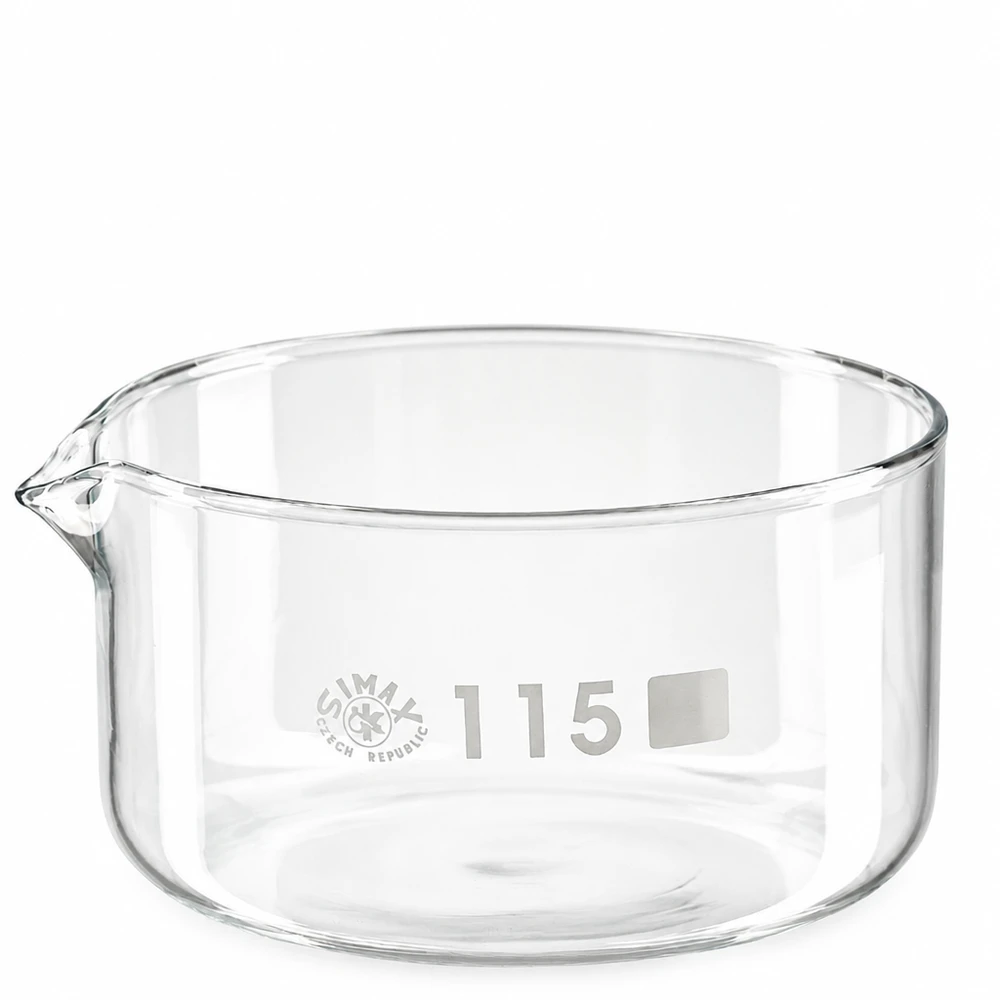 500 ml krystalliseringsskål af borosilikatglas med tud og flad bund, diameter 115 mm