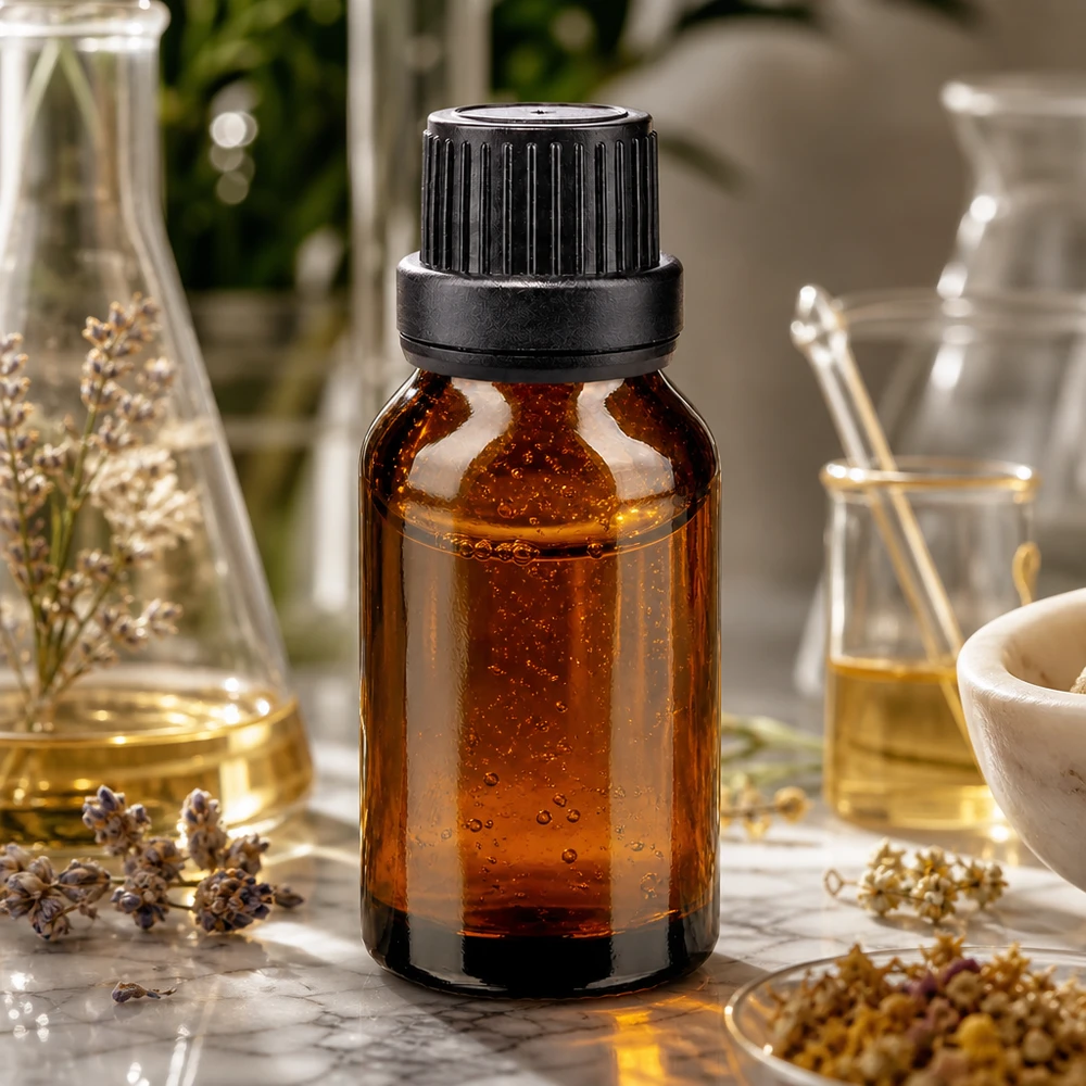 Apoteksflaske brun 30 ml skruelåg sort tæt OV Brun glasflaske på 30 ml med sort skruelåg mellem tørrede blomster og en morter