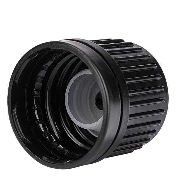 Skruelåg sort (DIN18, UT18) 3 mm hældering med manipulationssikker ring. Til ApoGlas®, UNiTWIST® & Miron® Apoteksflasker 5-100ml med 18mm gevind.
