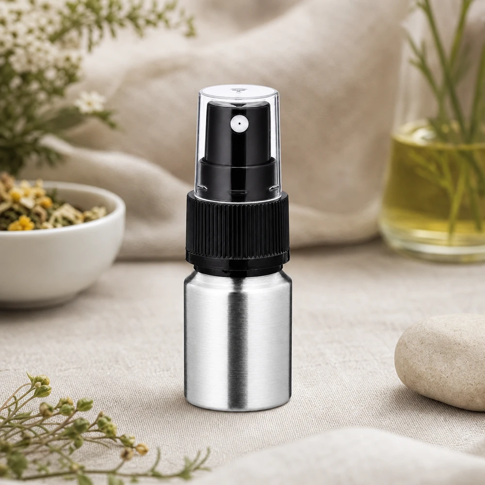 10 ml flaske i poleret aluminium med forstøver Robust 10 ml aluminiumsflaske med forstøver - holdbar metalemballage for langvarig beskyttelse