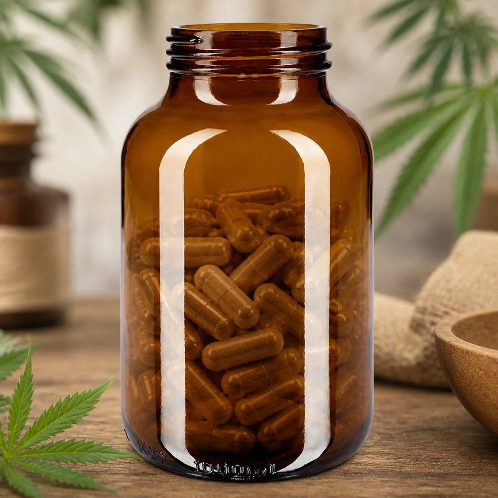 1000 ml flaske med bred hals i ravfarvet glas Glasflasker med bred munding, ravgule 1000 ml, perfekte til opbevaring af kapsler og farmaceutiske anvendelser