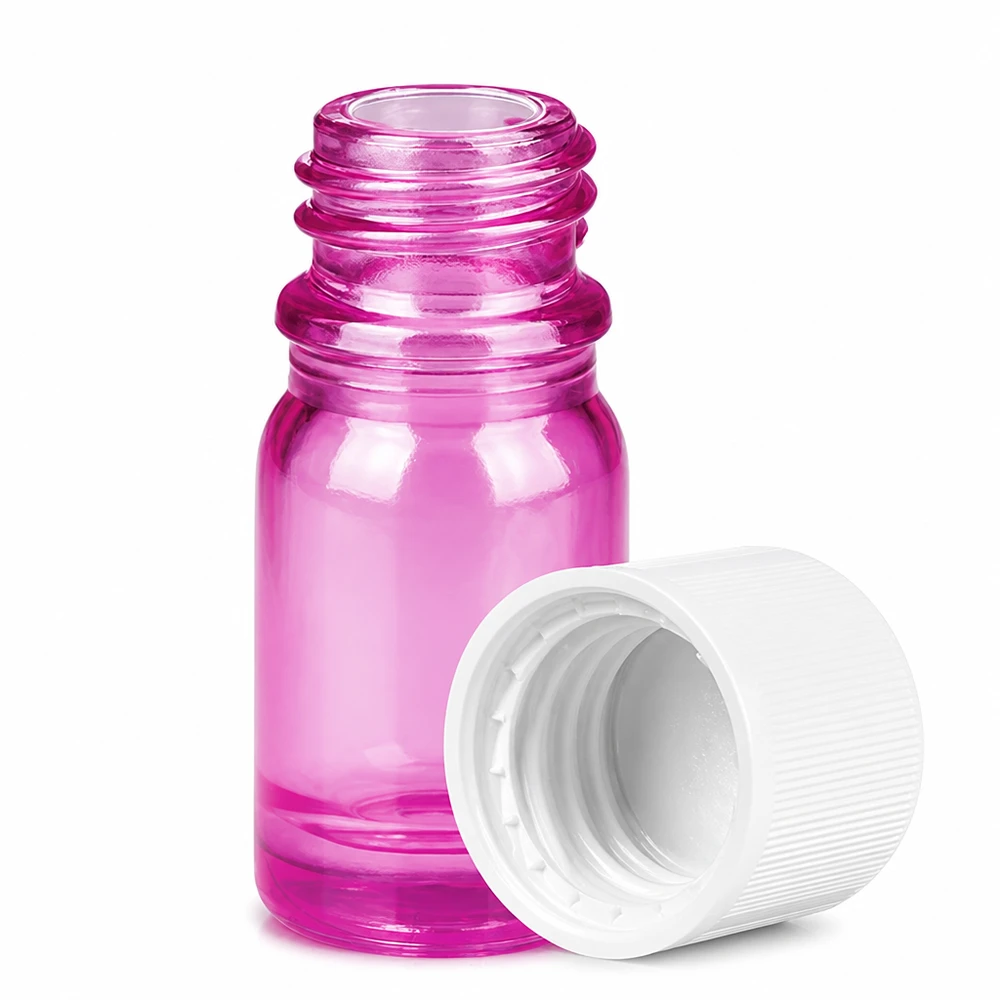 5ml flaske 11mm skruelåg hvid standard børnesikret PurpleLine UT18/5 Lille violet glasflaske 5 ml med tråd og hvid hætte til æteriske olier