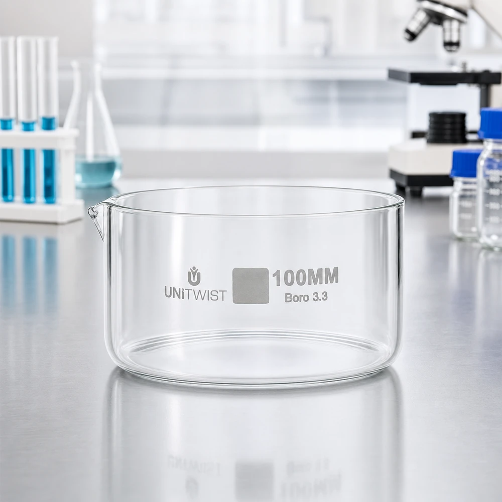 Krystalliseringsskål ø100mm borosilikatglas UNiTWIST UNiTWIST-krystalliseringsskål, 100 mm, borosilikatglas, i laboratoriet med mikroskop og reagensglas