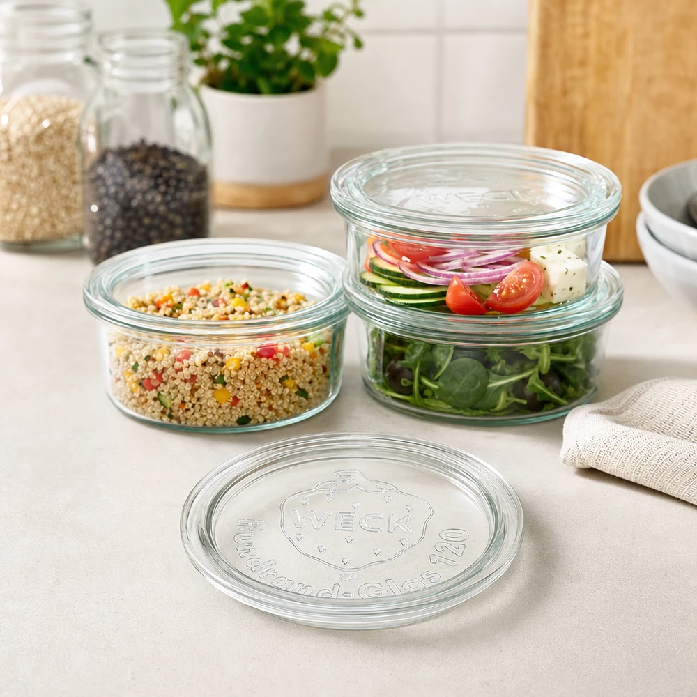 WECK glaslåg RR120 WECK Glasdeckel RR120 in moderner Küche mit gefüllten Vorratsgläsern für Salat Quinoa und frische Zutaten