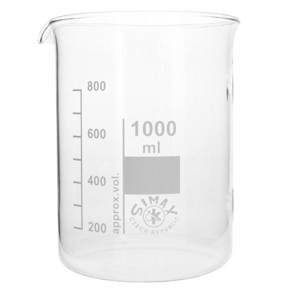 Bægerglas 1000 ml borosilikatglas, lav form Bægerglas 1000 ml lavet af borosilikatglas af høj kvalitet med præcise målemarkeringer til laboratoriebrug