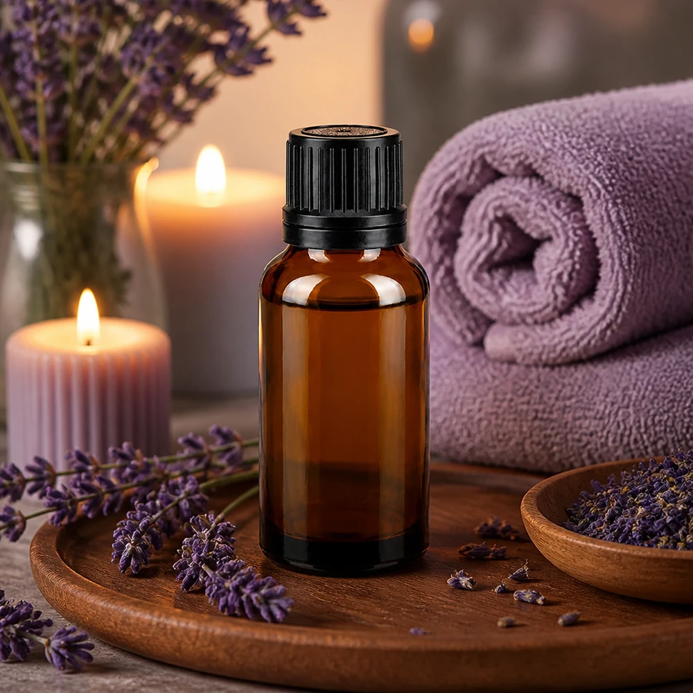 20 ml brun glasflaske med sort OV-lukning omgivet af lavendelblomster og stearinlys