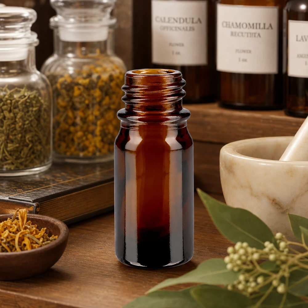 Dropperflaske 5 ml DIN 18 lavet af ravfarvet glas 5 ml brun apotekerflaske ApoGlas med urtekrukker og morter til naturmedicin og tinkturer