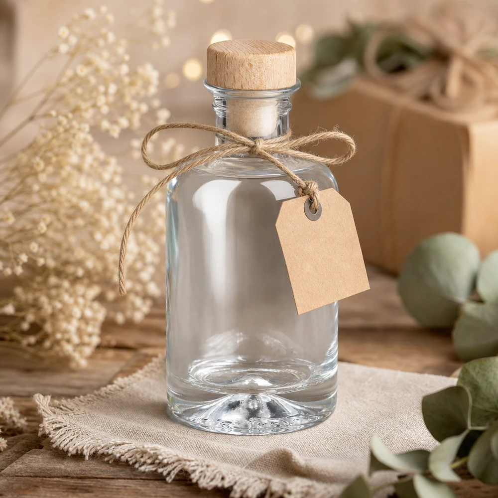 100 ml apoteksflaske Sofia med træhåndtag og prop UNiTWIST® 100 ml glasflaske Sofia med træprop tom som gave med kraftpapirmærke og jutebånd rustik dekoration