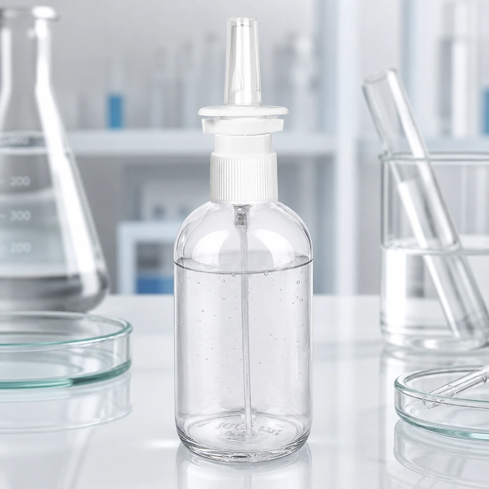 100 ml næsesprayflaske m./tr. STD ClearLine UT18/100 100 ml ClearLine-næsesprayflaske i laboratoriet sammen med en Erlenmeyer-kolbe og petriskåle