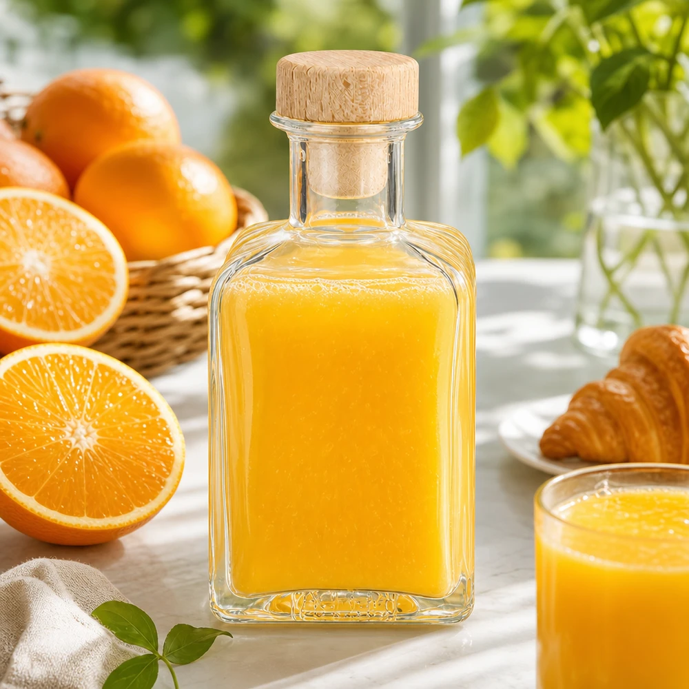 200 ml apoteksflaske »Clara« med træhåndtag og prop UNiTWIST® 200 ml glasflaske Clara fyldt med appelsinjuice træprop dekoration køkken friske appelsiner morgenmad styling