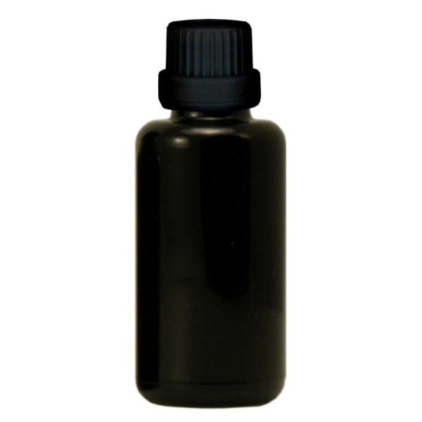 Apoteksflaske viol. 30ml skrue v. sort skænkeprop r. OV Apoteksflaske viol. 30ml skrue v. sort skænkeprop r. OV