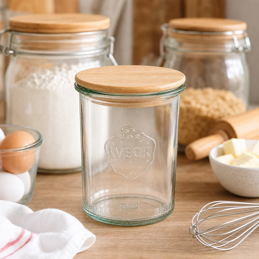 160 ml Briller WECK RR60 med trælåg WECK 160 ml RR60 murerbalje med trælåg i et rustikt køkken mellem bageingredienser og køkkenredskaber