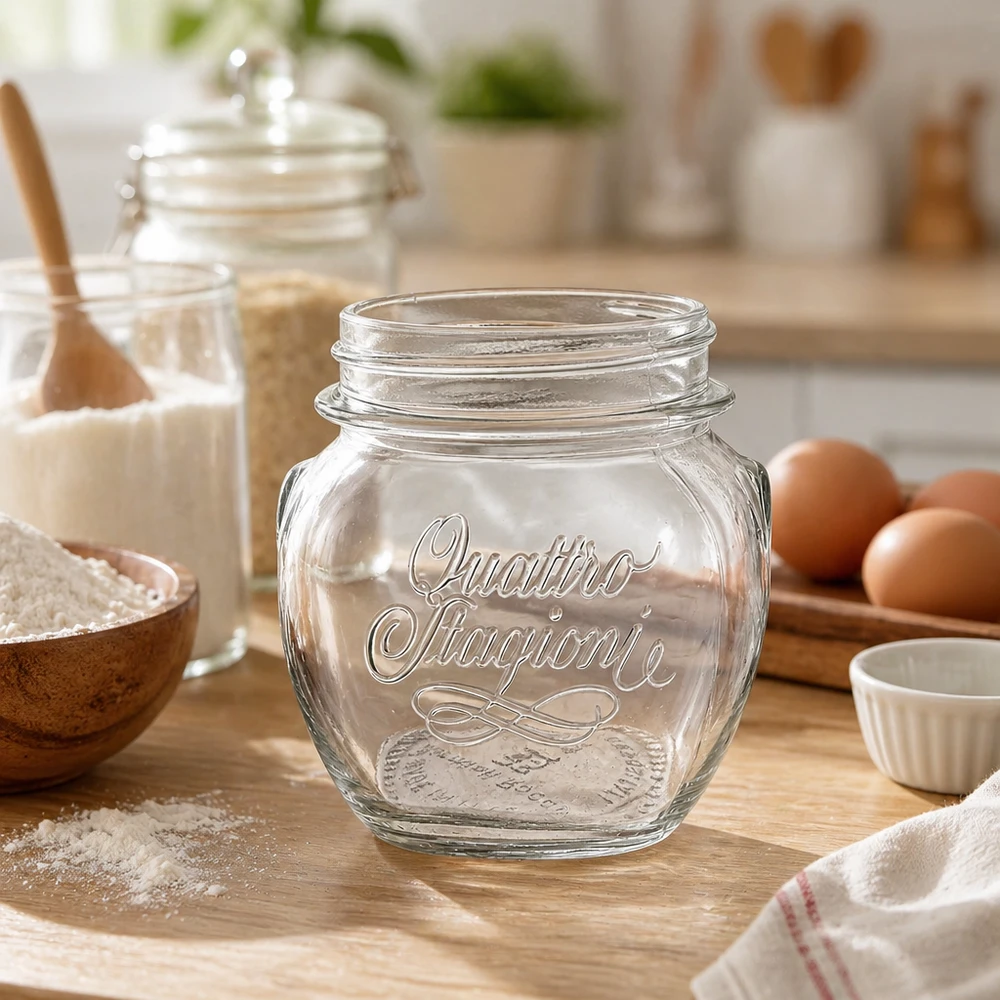 300 ml husholdningsglas "Quattro Stagioni" 300 ml Quattro Stagioni husholdningsglas på en træplade i et rustikt køkken med bageingredienser og æg
