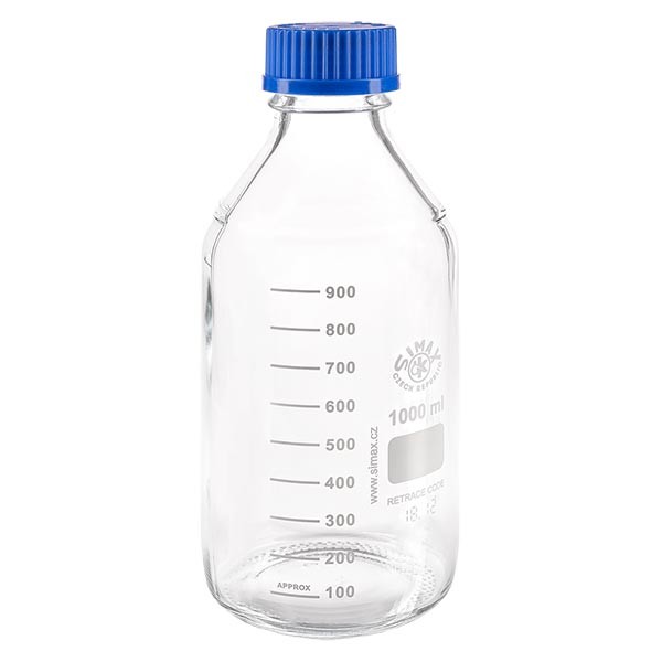 Laboratorieflaske med gevind 1000 ml med hætte, borosilikat Laboratorieflaske med gevind 1000 ml med hætte, borosilikat