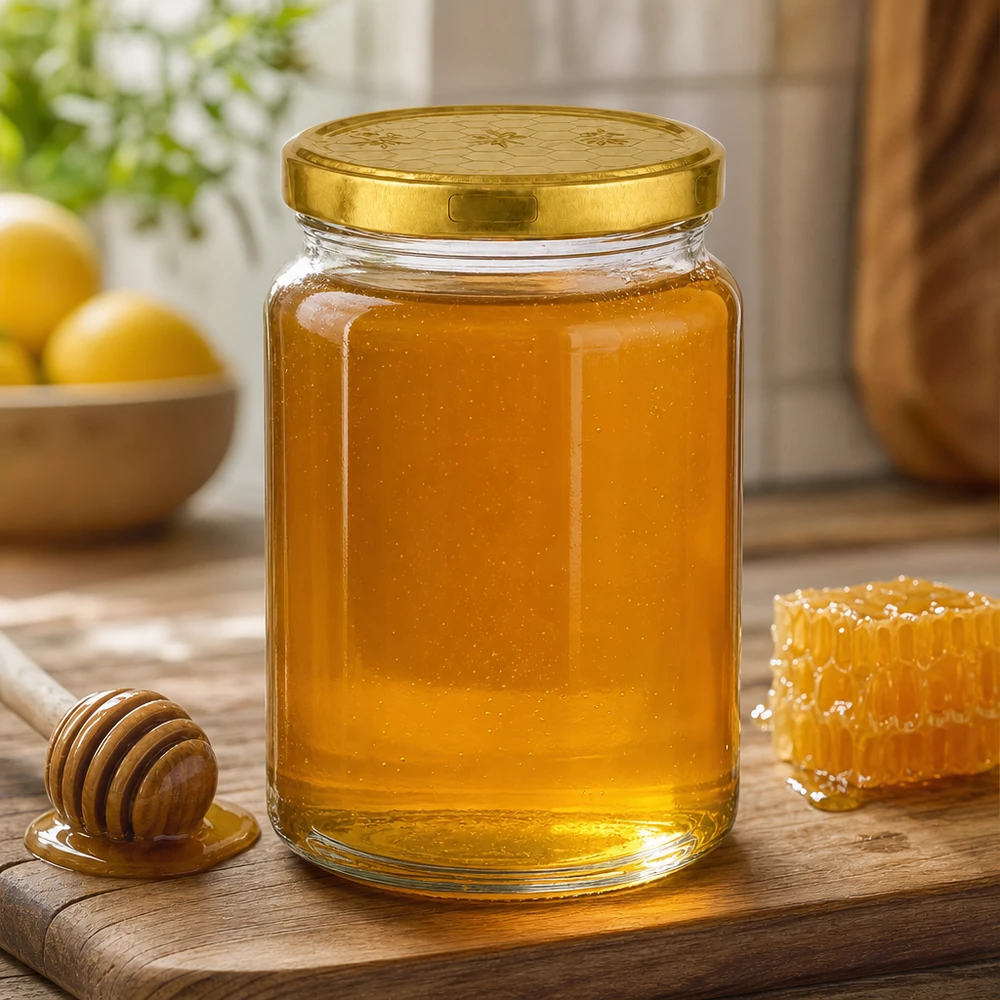 795 ml rund krukke + BasicSeal-låg honeycomb UNiTWIST 795 ml rund krukke fyldt med honning ved siden af honningkage og honningske på træplade i en varm køkkenatmosfære