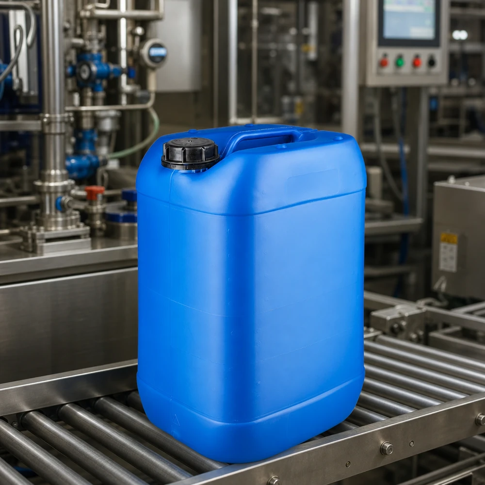 25 liters blå dunk med skruelåg OV Blå 25-liters dunk med skruelåg på et industrielt transportbånd i et produktionsanlæg