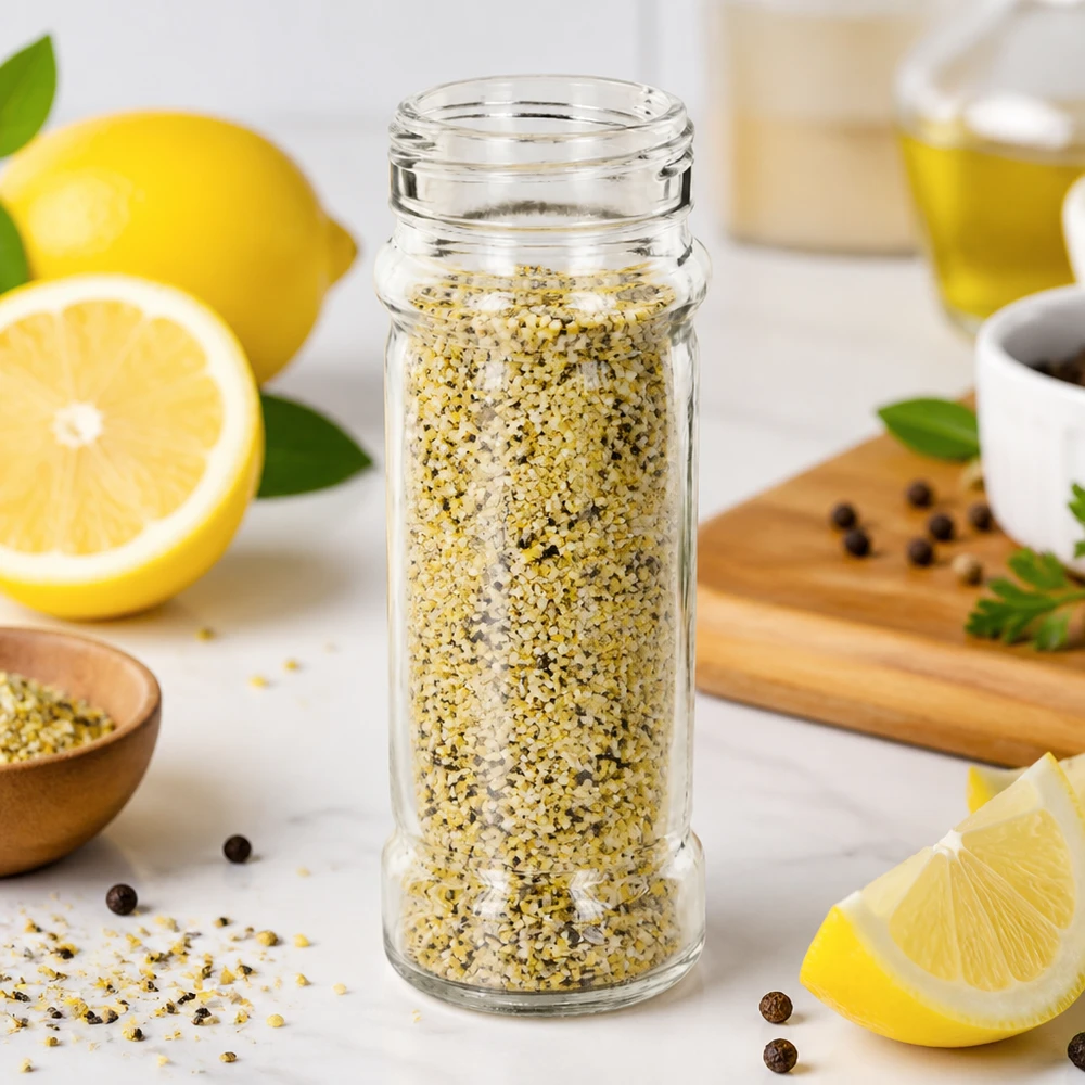 Salt/krydderiglas Mary 100 ml, gevind 41 mm klart glas - matchende låg med 41 mm gevind kan bestilles separat. Krydderiglas »Mary« på 100 ml fyldt med citronpeber ved siden af friske citroner og sort peber