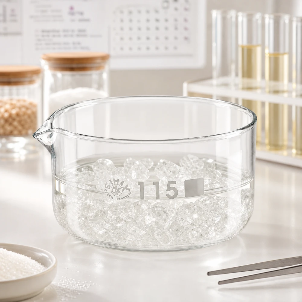 Krystalliseringsskål 500 ml med borosilikat-tud SIMAX krystalliseringsskål 500 ml, fyldt med gennemsigtige glasperler, til laboratoriebrug, borosilikatglas