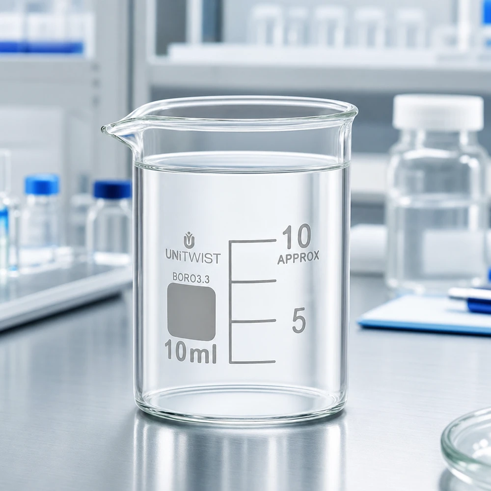 Bæger 10 ml borosilikat, lav form UNiTWIST UNiTWIST måleglas 10 ml, lav model med udløb og skala på rustfri ståloverflade til laboratoriebrug