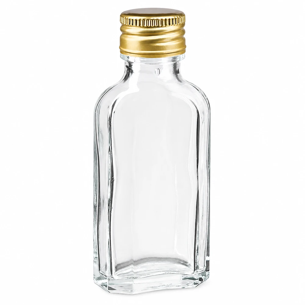 50 ml Meplat-flaske, klar, med gylden aluminiumslukning PP22 til spiritus og likør