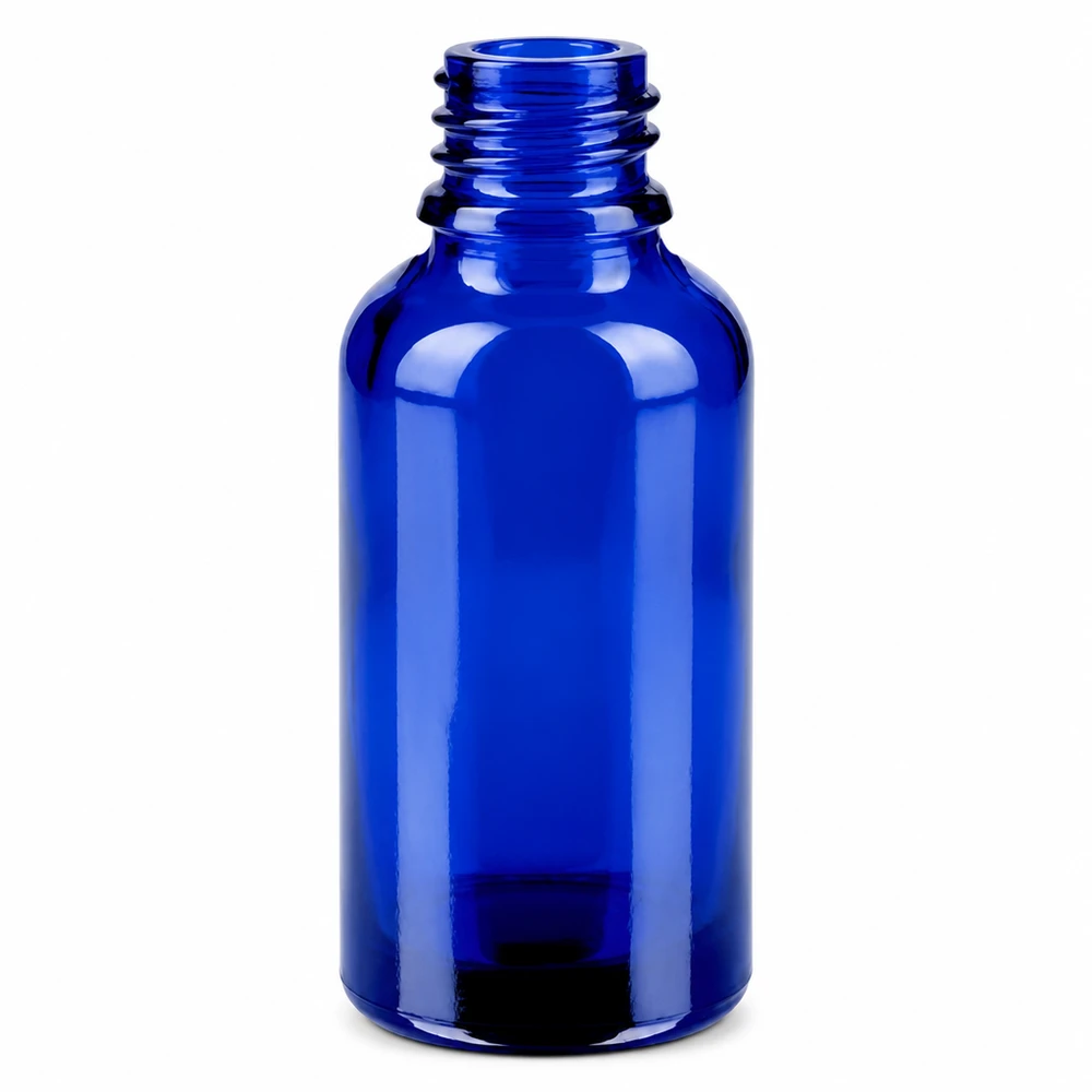 Blå glasflaske 30 ml med 11 mm gevind til præcis dosering af væsker