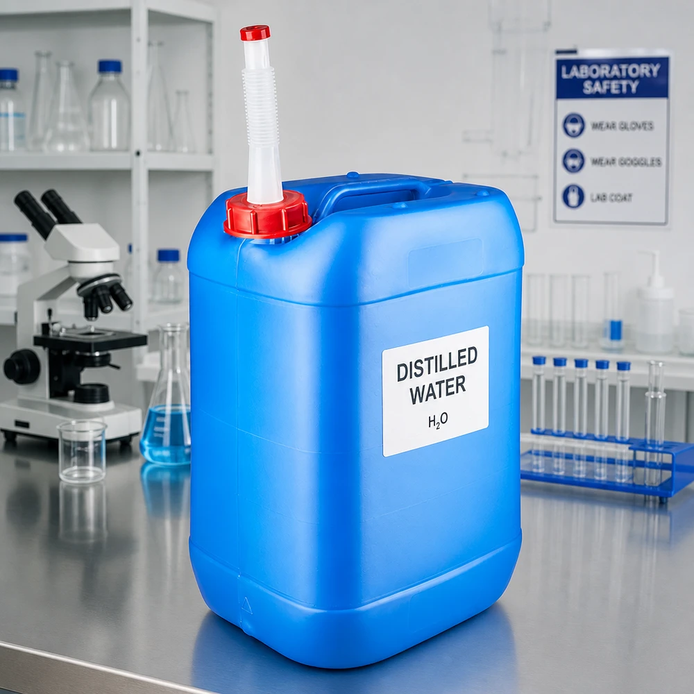 25 liters blå dunk med fleksibelt udløbsrør 25-liters laboratoriebeholder, blå, med fleksibelt udløbsrør til destilleret vand i brug